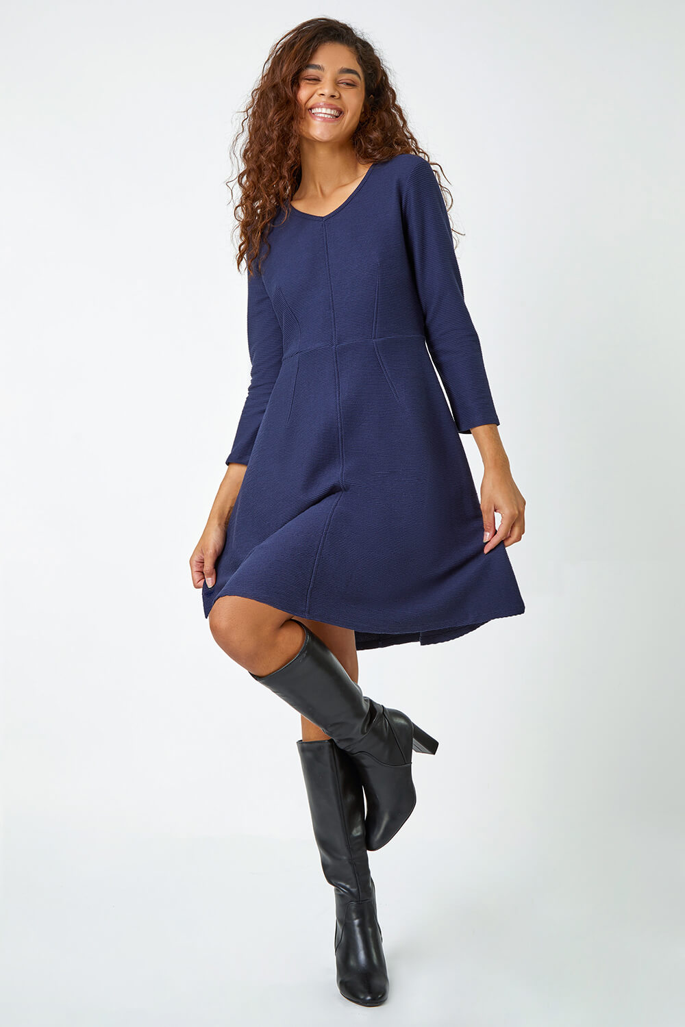 Navy  Cotton Blend Ribbed Stretch Dress, Image 2 of 5