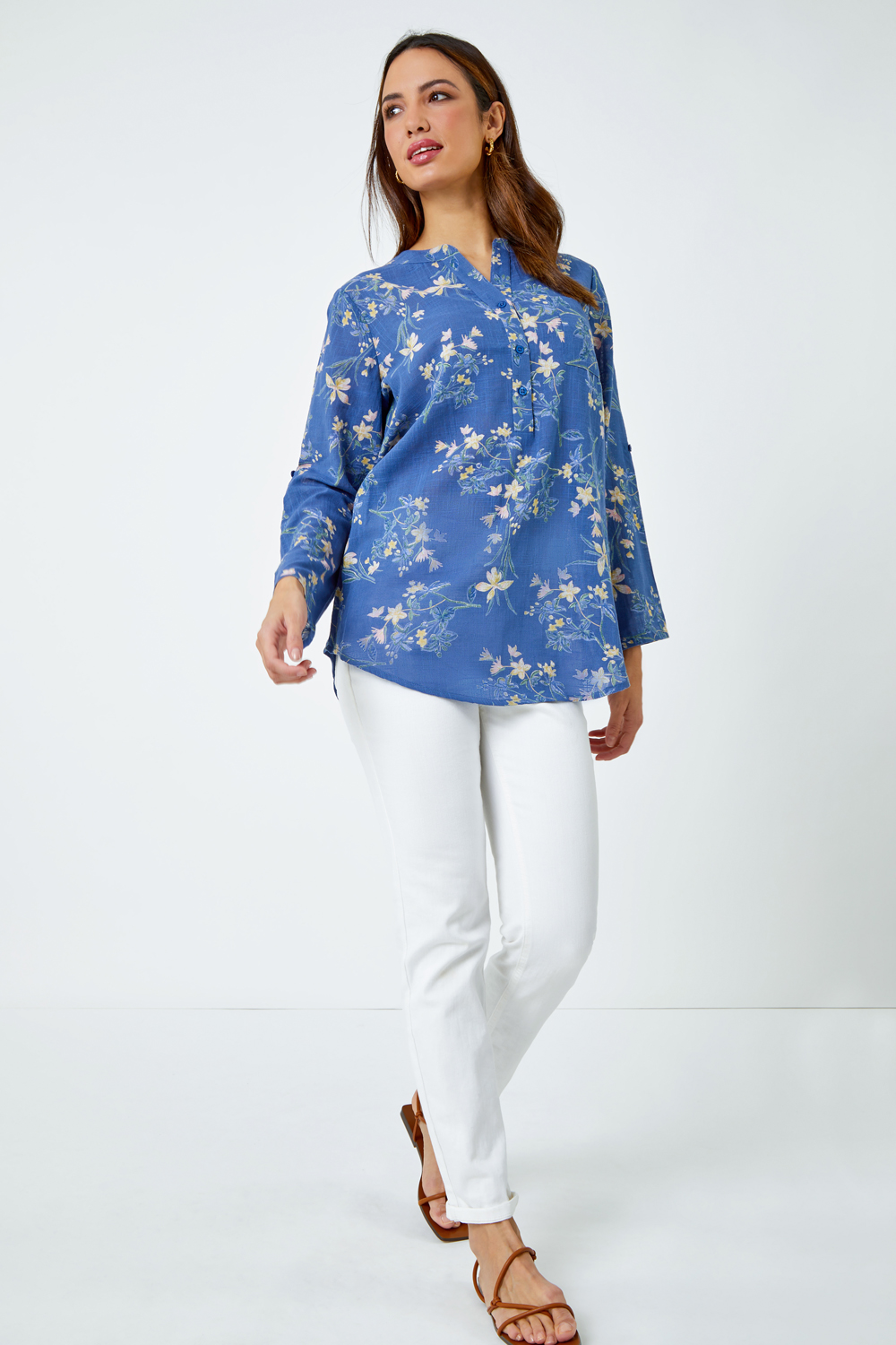 Blue Cotton Floral Print Overshirt | Roman UK