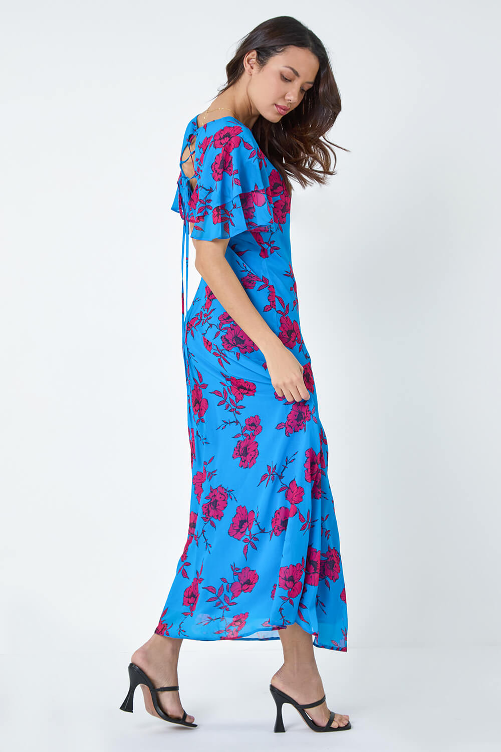 Blue Floral Tiered Sleeve Maxi Dress, Image 3 of 6
