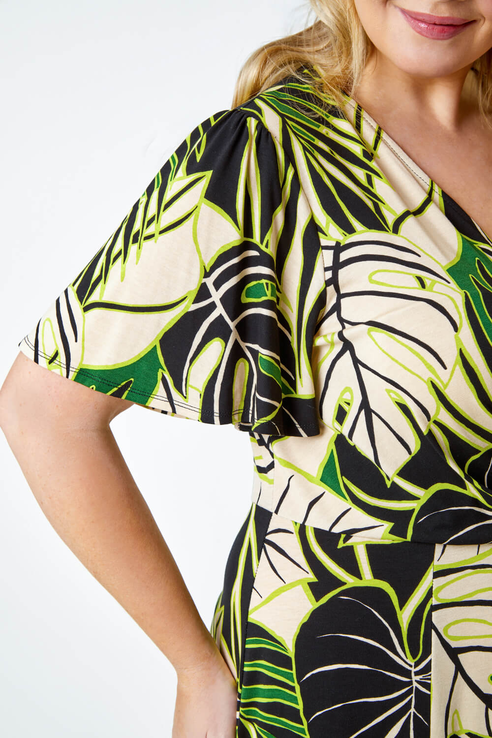Lime Curve Tropical Leaf Stretch Wrap Dress, Image 5 of 5