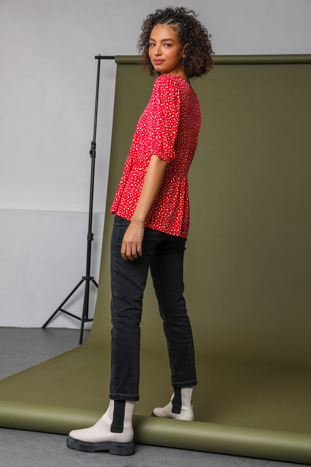 Red Ditsy Floral Peplum Jersey Top, Image 2 of 5