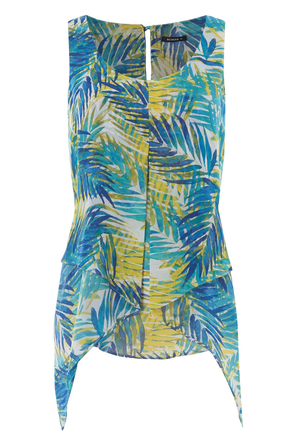 Blue Tropical Print Asymmetric Chiffon Vest Top, Image 4 of 4