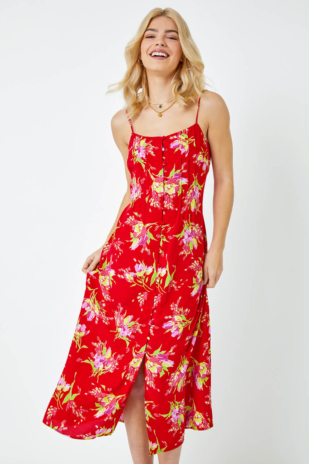 Red Strappy Floral Square Neck Midi Dress | Roman UK