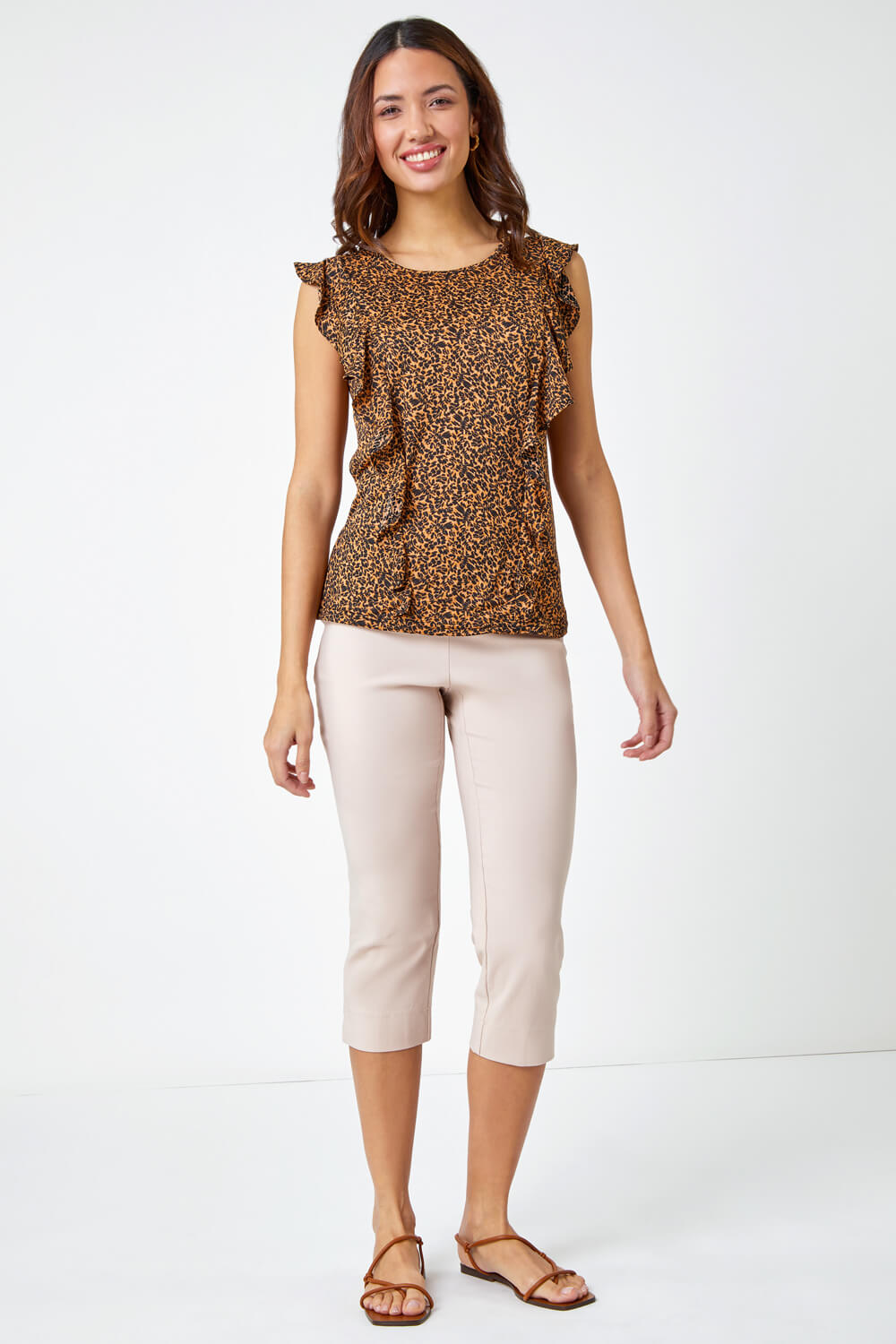 Brown Leopard Print Frill Detail Jersey Top, Image 2 of 5