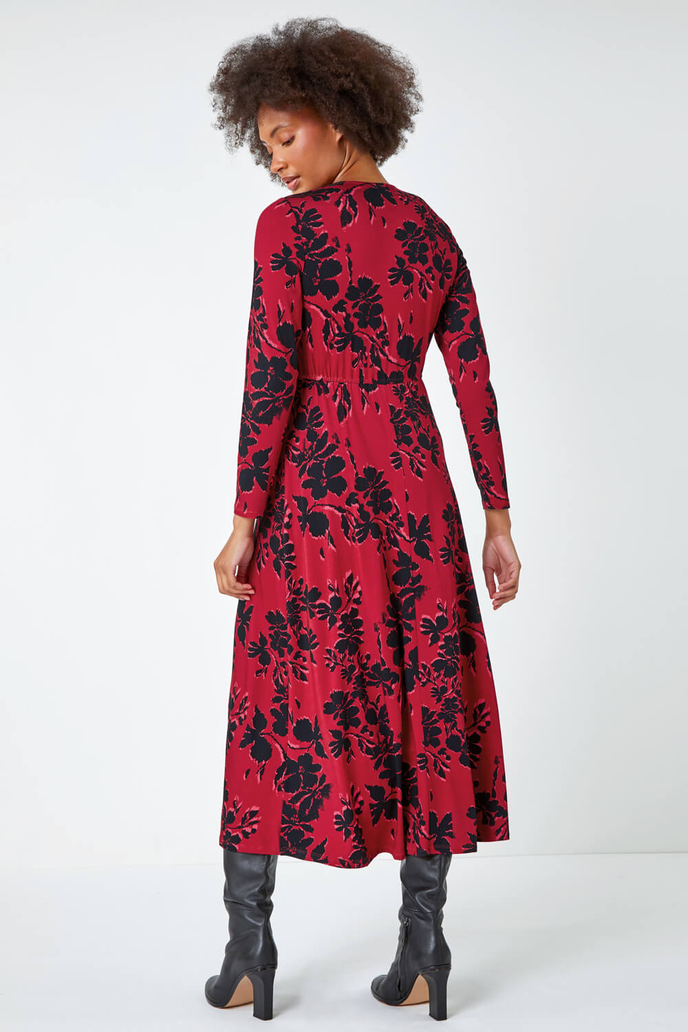 Red Floral Print Ruched Midi Stretch Dress, Image 3 of 5