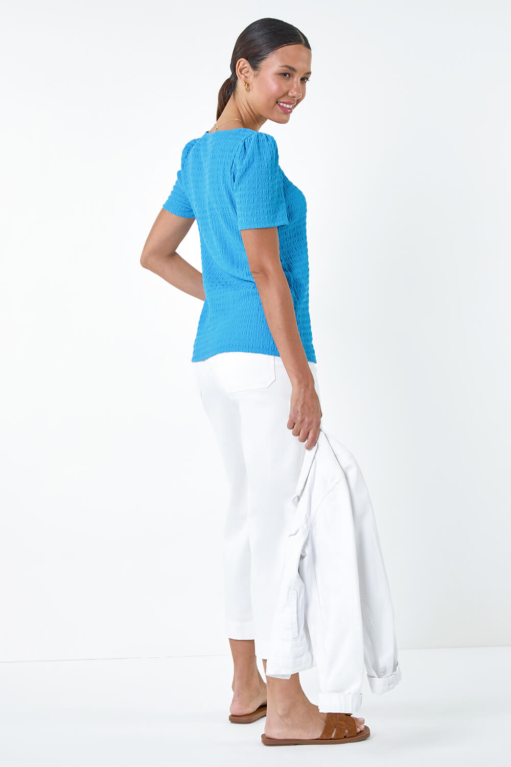 Turquoise Textured Square Neck Stretch Top, Image 3 of 5