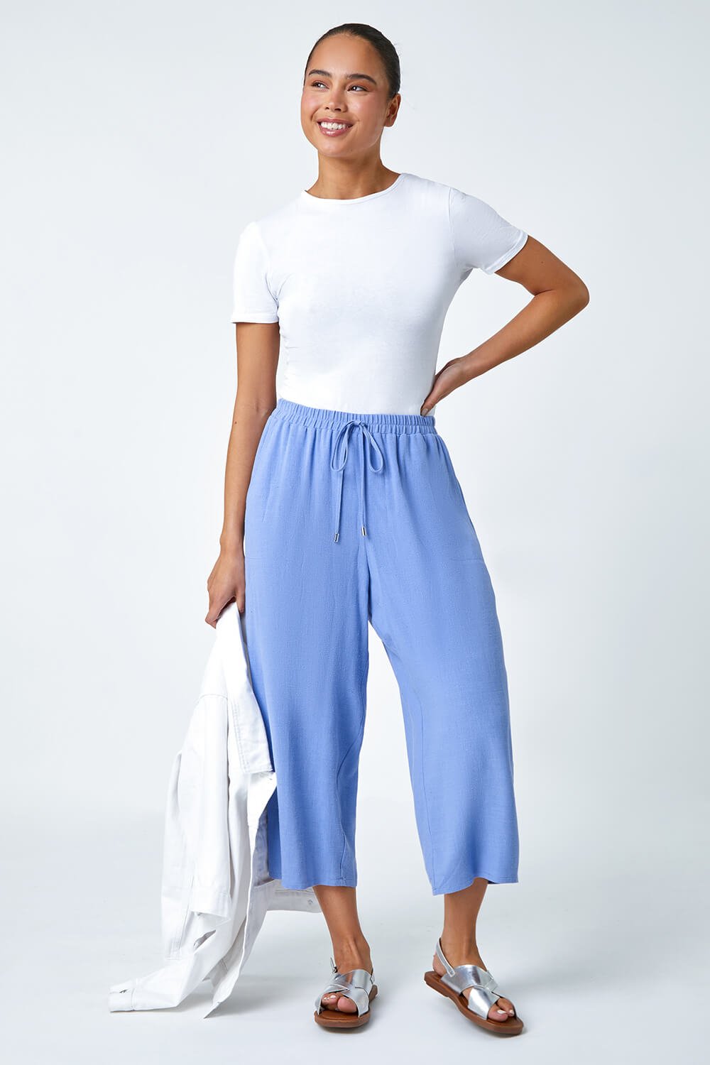 Blue Petite Linen Mix Wide Cropped Trousers, Image 2 of 5