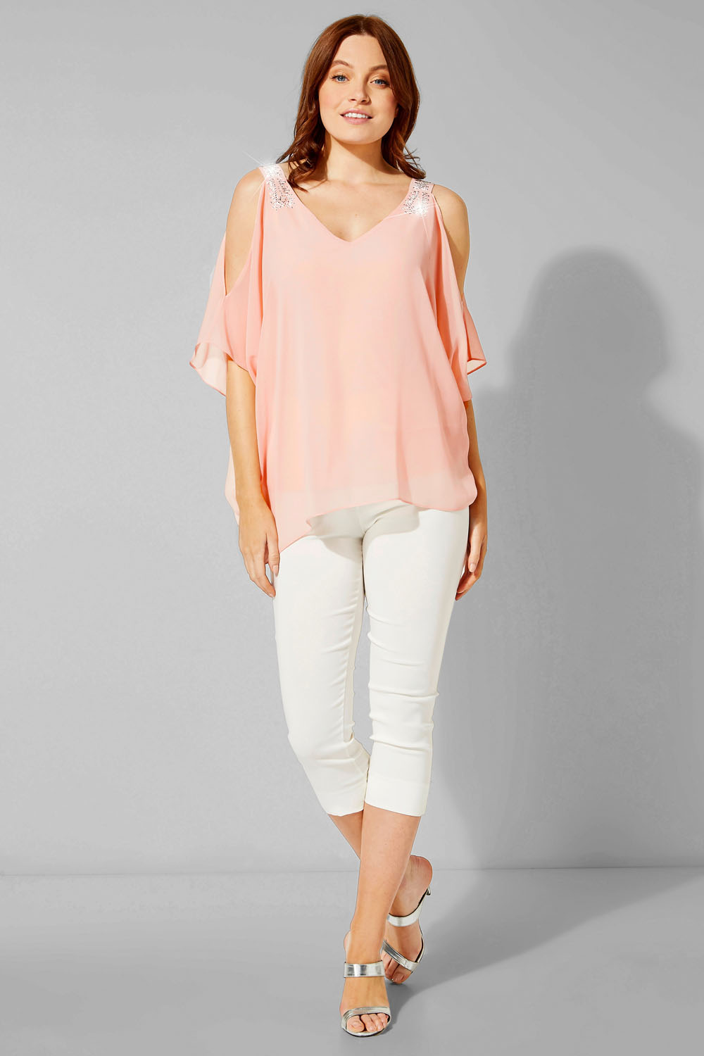 Light Pink Embellished Cold Shoulder Overlay Top, Image 3 of 4