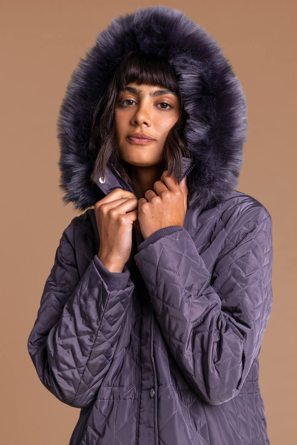 Grey Faux Fur Trim Hooded Parka Coat, Image 5 of 6