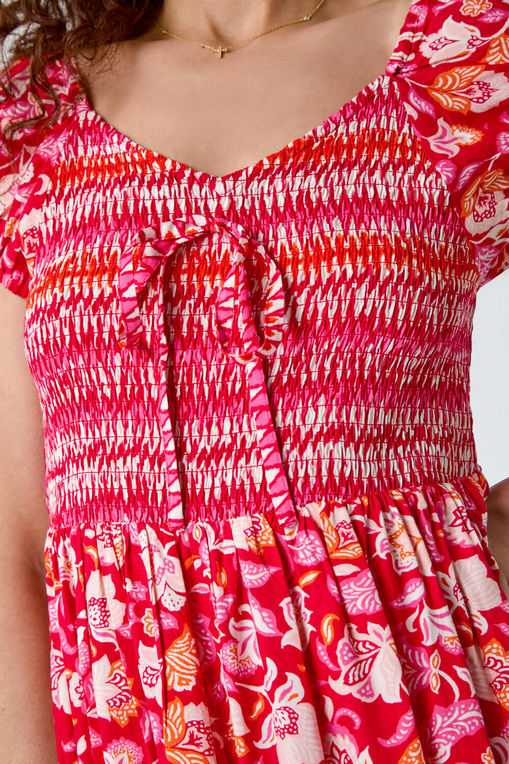 Red Mixed Print Shirred Midi Dress, Image 5 of 5