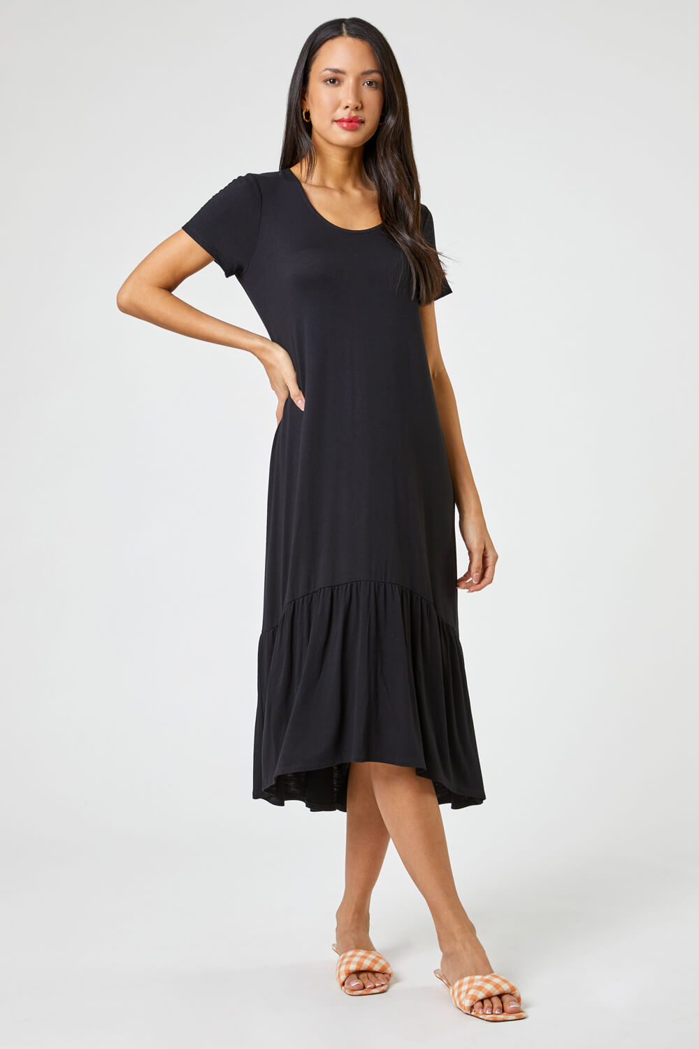 Black Tiered Hem Jersey Midi Dress, Image 3 of 4