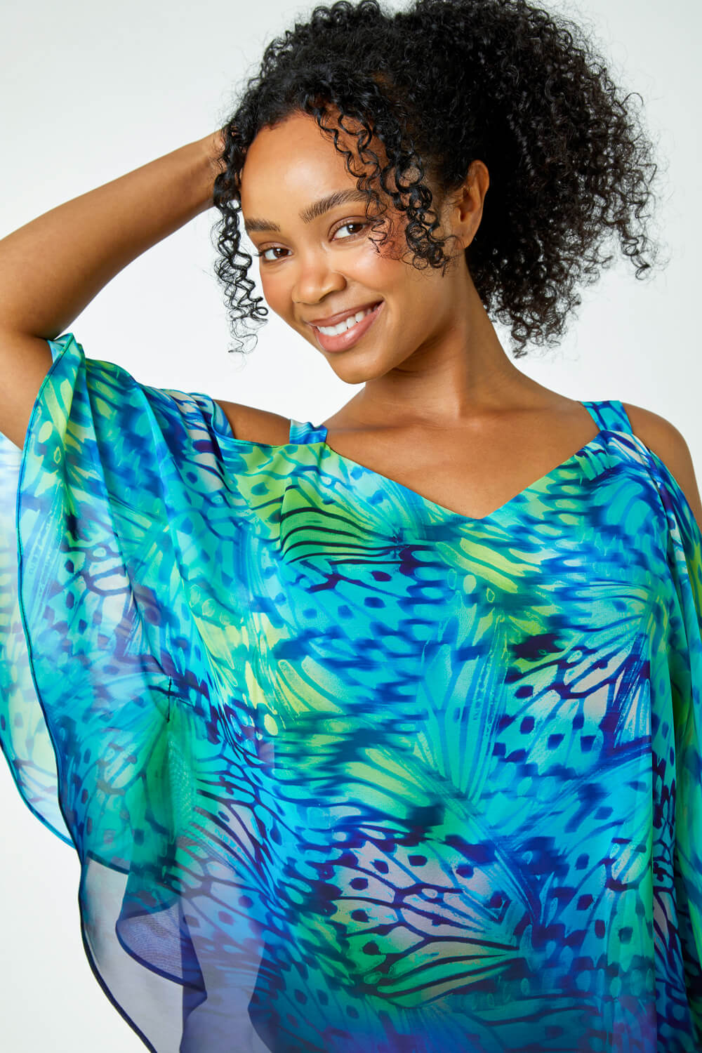 Turquoise Petite Butterfly Cold Shoulder Top, Image 4 of 5