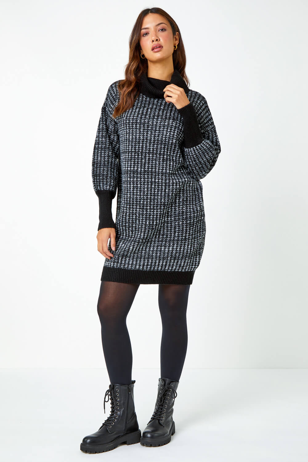 Charcoal Contrast Roll Neck Jumper Dress, Image 2 of 5