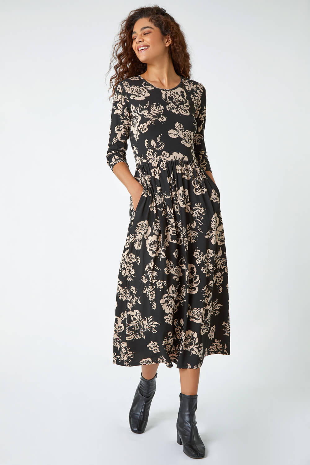 Black Floral Pocket Stretch Midi Dress, Image 2 of 5