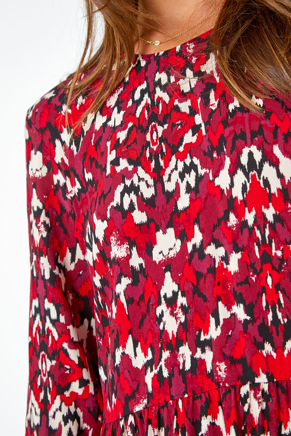Red Abstract Print Tiered Smock Midi Dress, Image 5 of 5