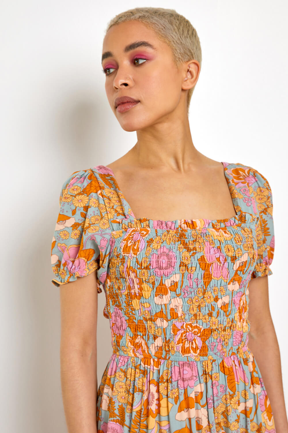 ORANGE Retro Floral Print Tiered Maxi Dress, Image 5 of 5