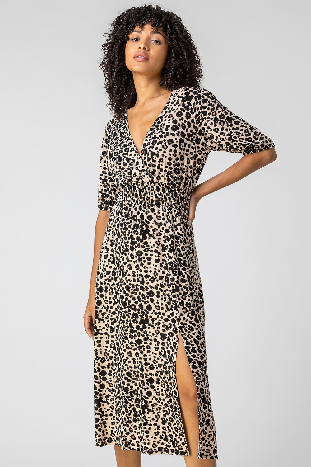 Taupe Leopard Print Midi Wrap Dress, Image 5 of 5