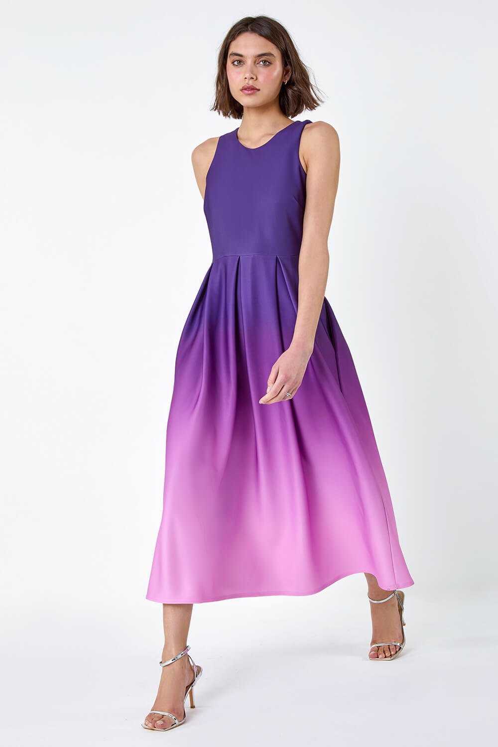 Purple Ombre Pleated Luxe Stretch Midi Dress, Image 2 of 5