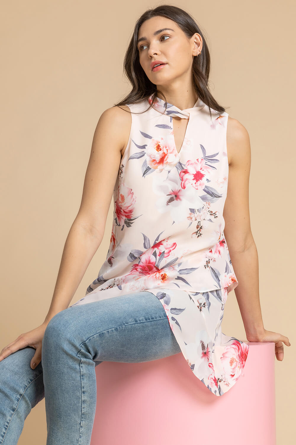 Light Pink Floral Twist Neck Frill Top, Image 5 of 5