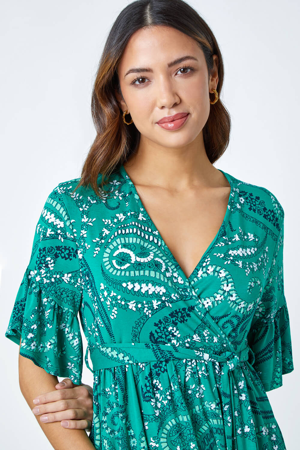 Green Paisley Print Stretch Jersey Wrap Top, Image 4 of 5