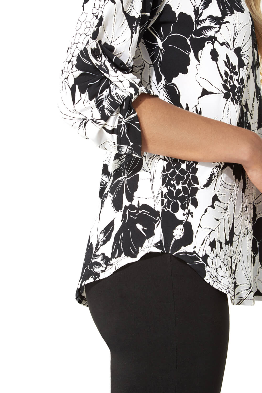 Black Floral Print 3/4 Sleeve Button Through Top, Image 4 of 5