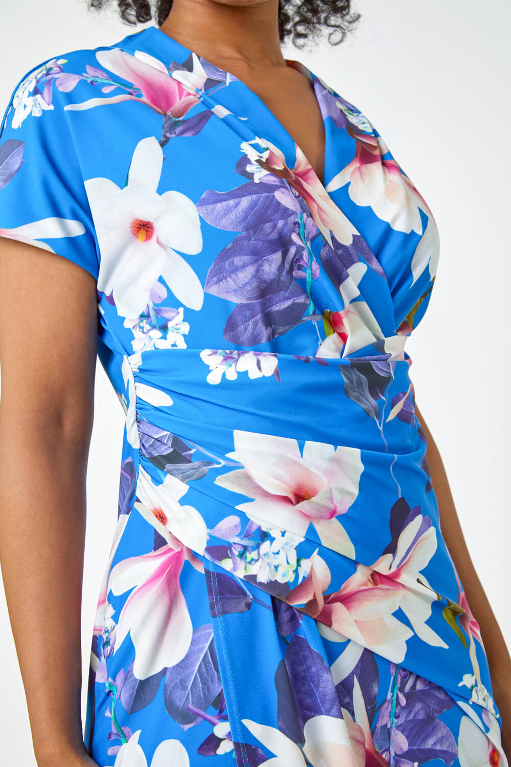 Blue Petite Ruched Floral Wrap Dress, Image 5 of 5