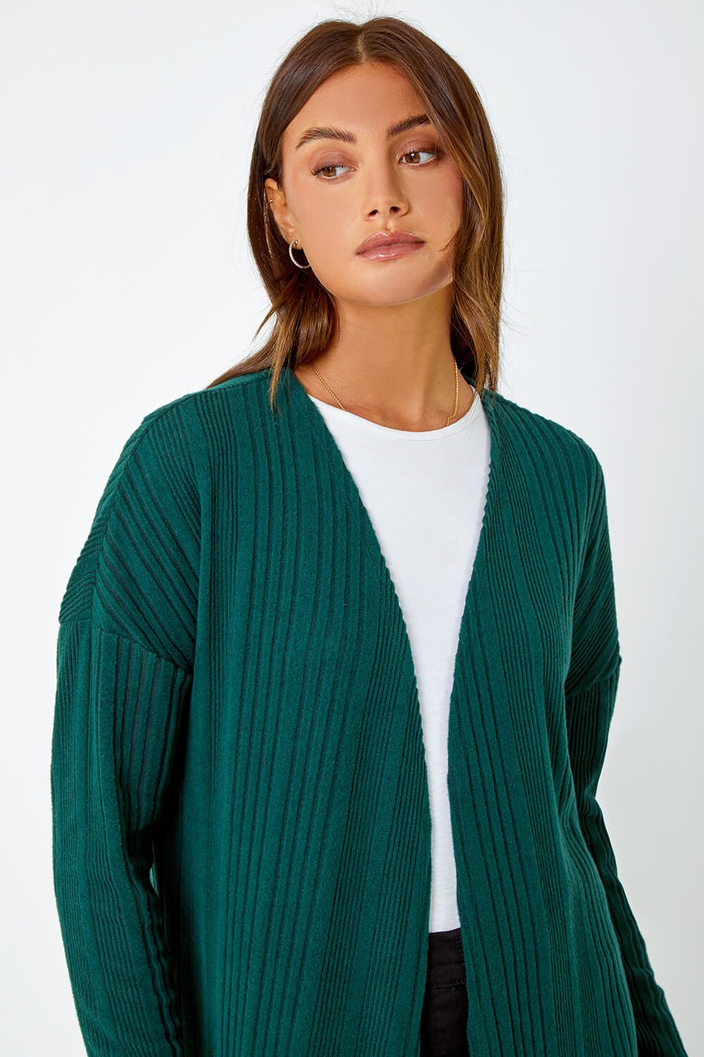 Green Ribbed Longline Stretch Knit Cardigan, Image 4 of 5
