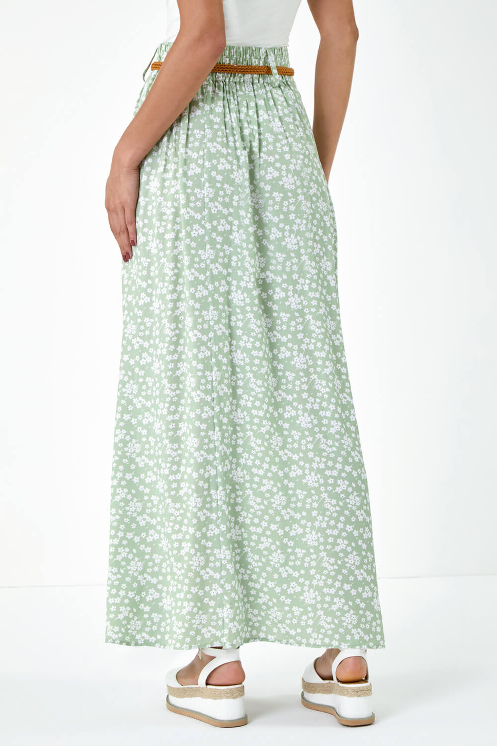 Sage Ditsy Floral Belted Maxi Skirt, Image 3 of 5
