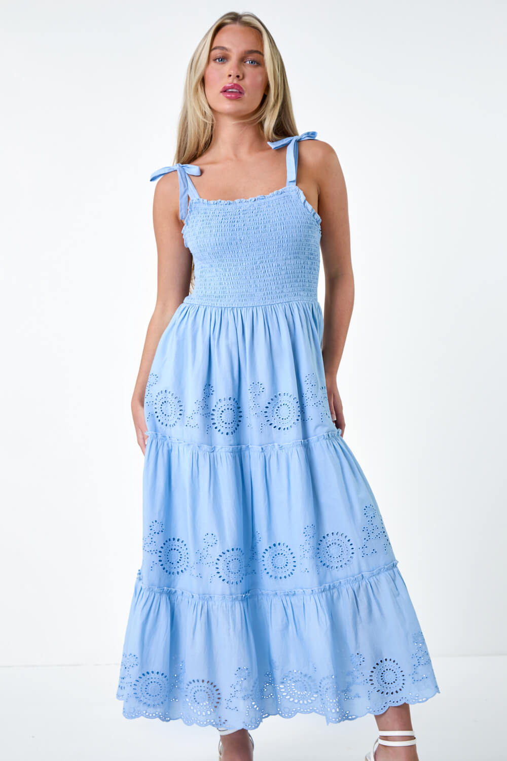 Light Blue  Petite Cotton Broderie Tiered Maxi Dress, Image 4 of 5
