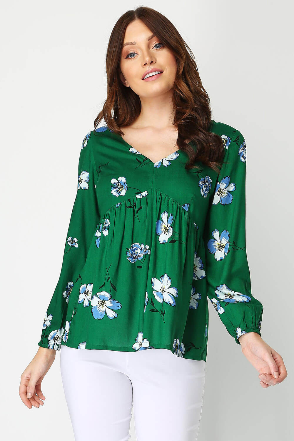 V-Neck Pleated Floral Top in Green - Roman Originals UK