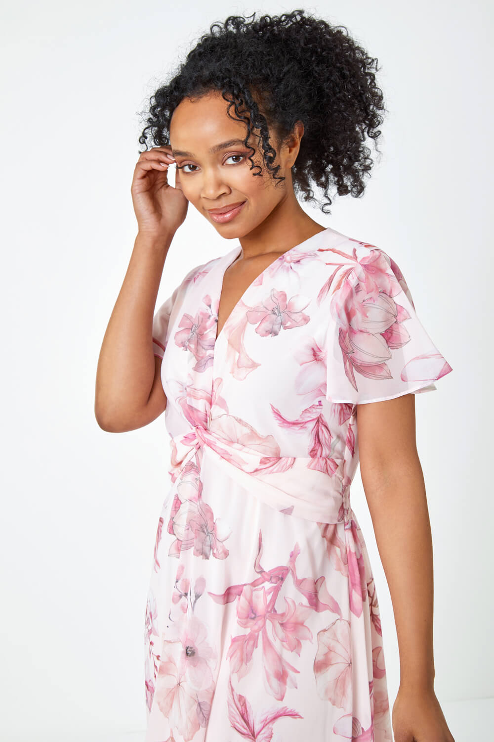 Petite Floral Print Twist Front Maxi Dress in PINK | Roman UK