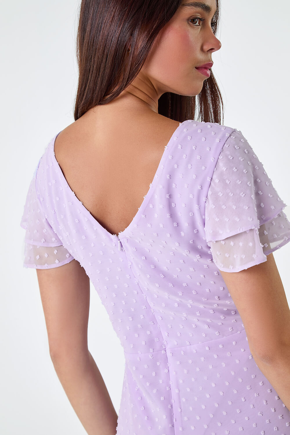 Lilac Petite Textured Spot Frill Midi Dress, Image 5 of 5