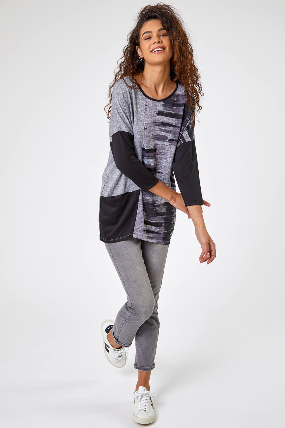 Grey Colour Block Graphic Print Tunic Top, Image 3 of 5