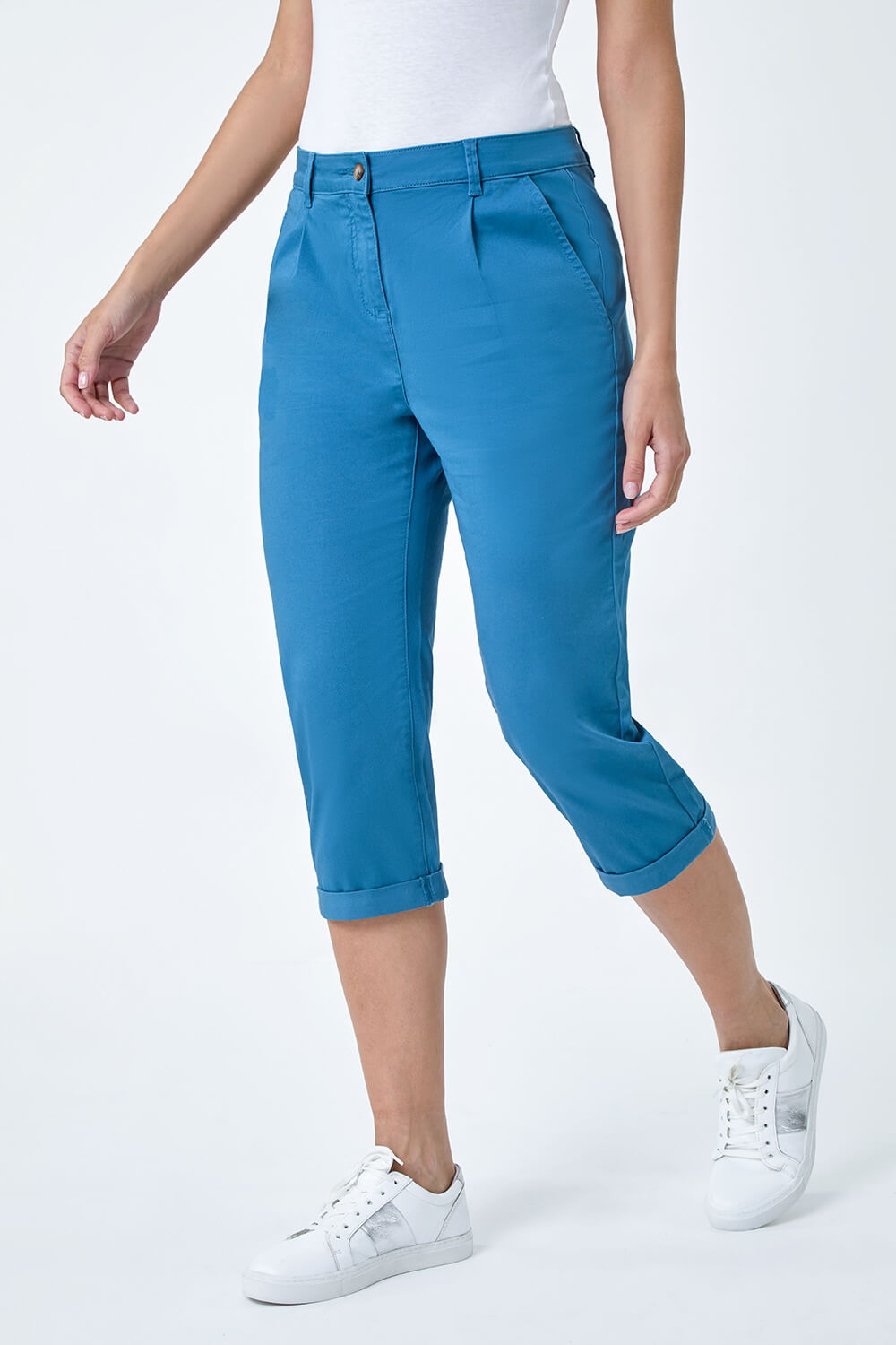 Petrol Blue Cotton Blend Cropped Chino Trousers, Image 4 of 5