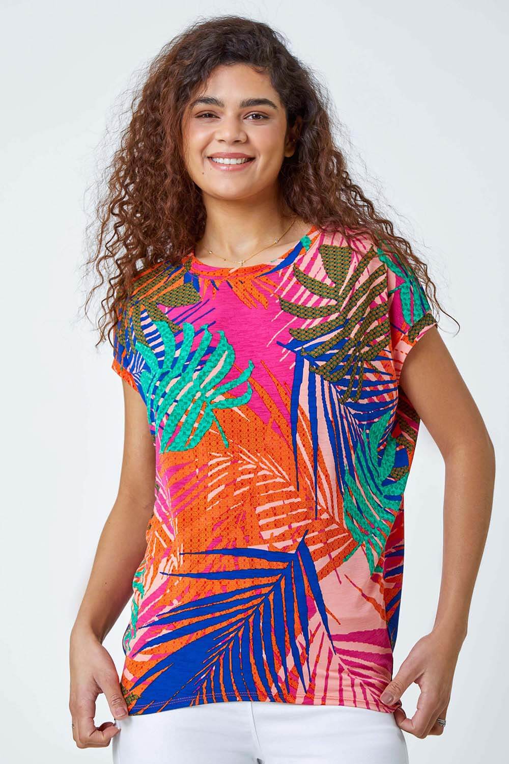 PINK Tropical Print Cocoon Stretch Top, Image 4 of 5