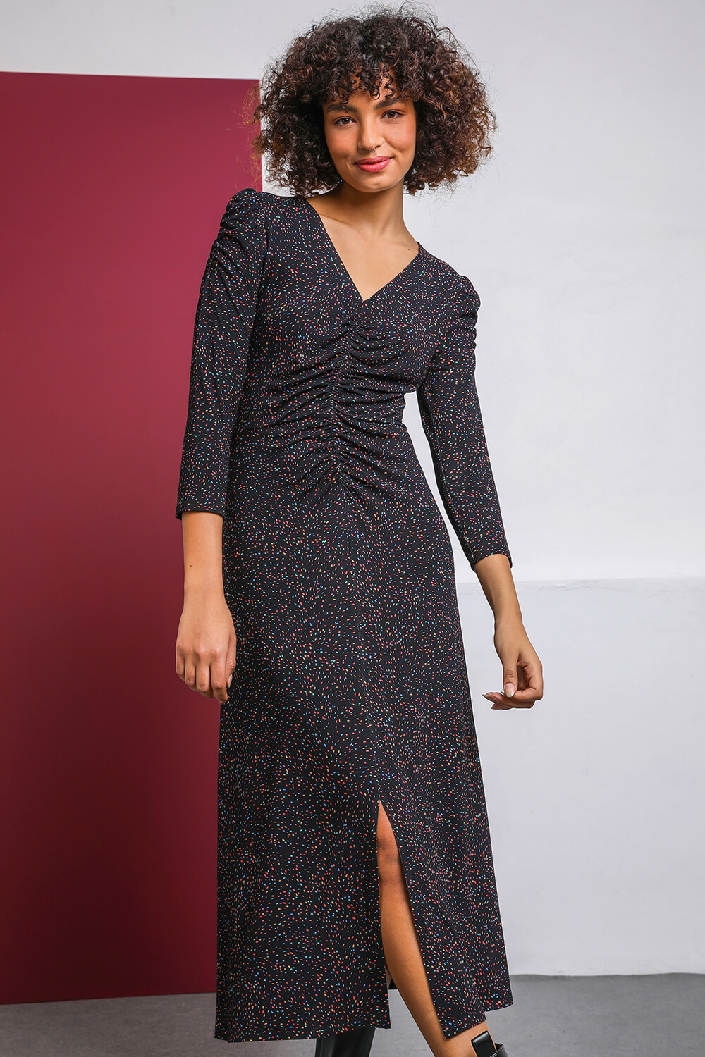 Spot Print Ruched Front Dress