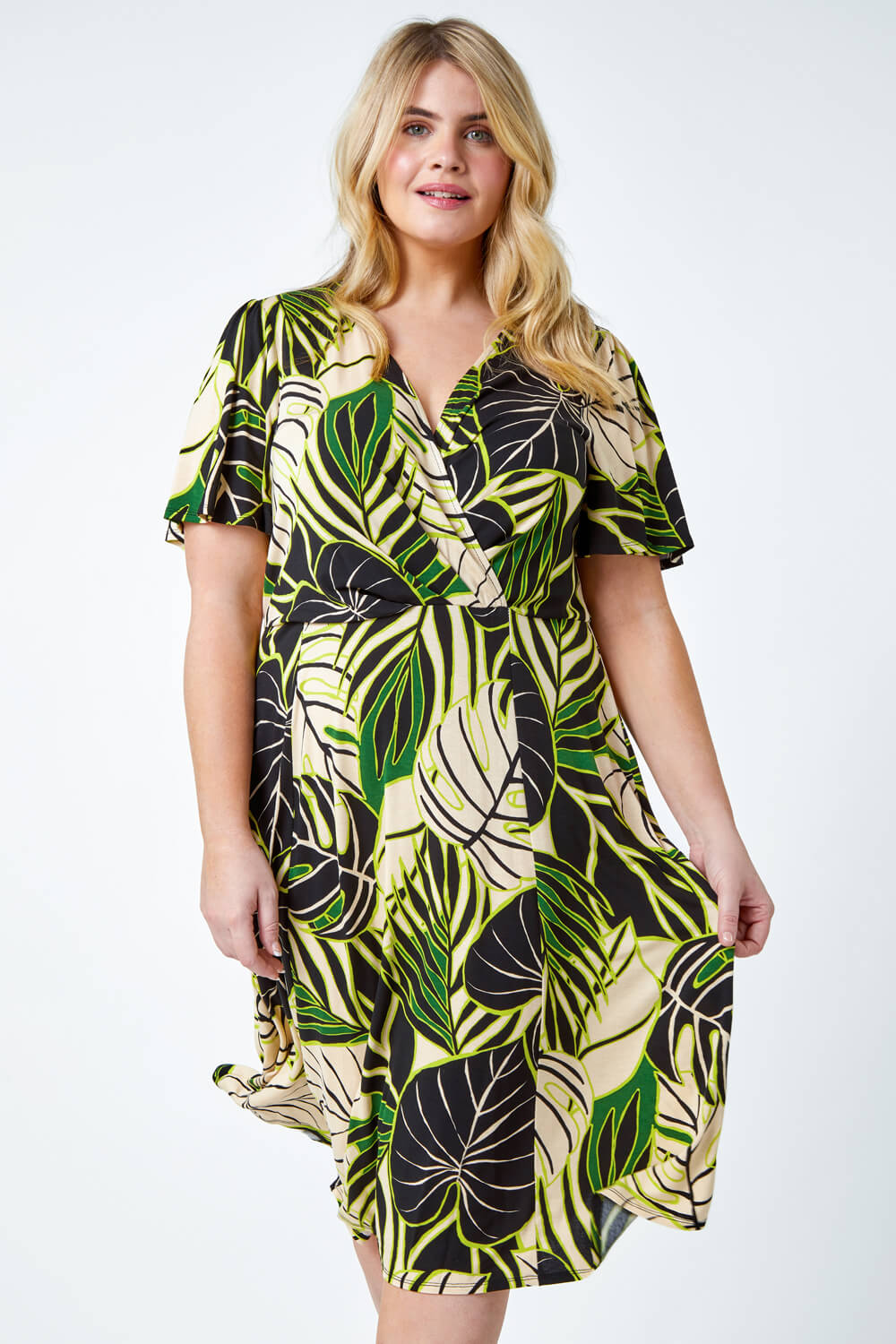 Lime Curve Tropical Leaf Stretch Wrap Dress, Image 2 of 5