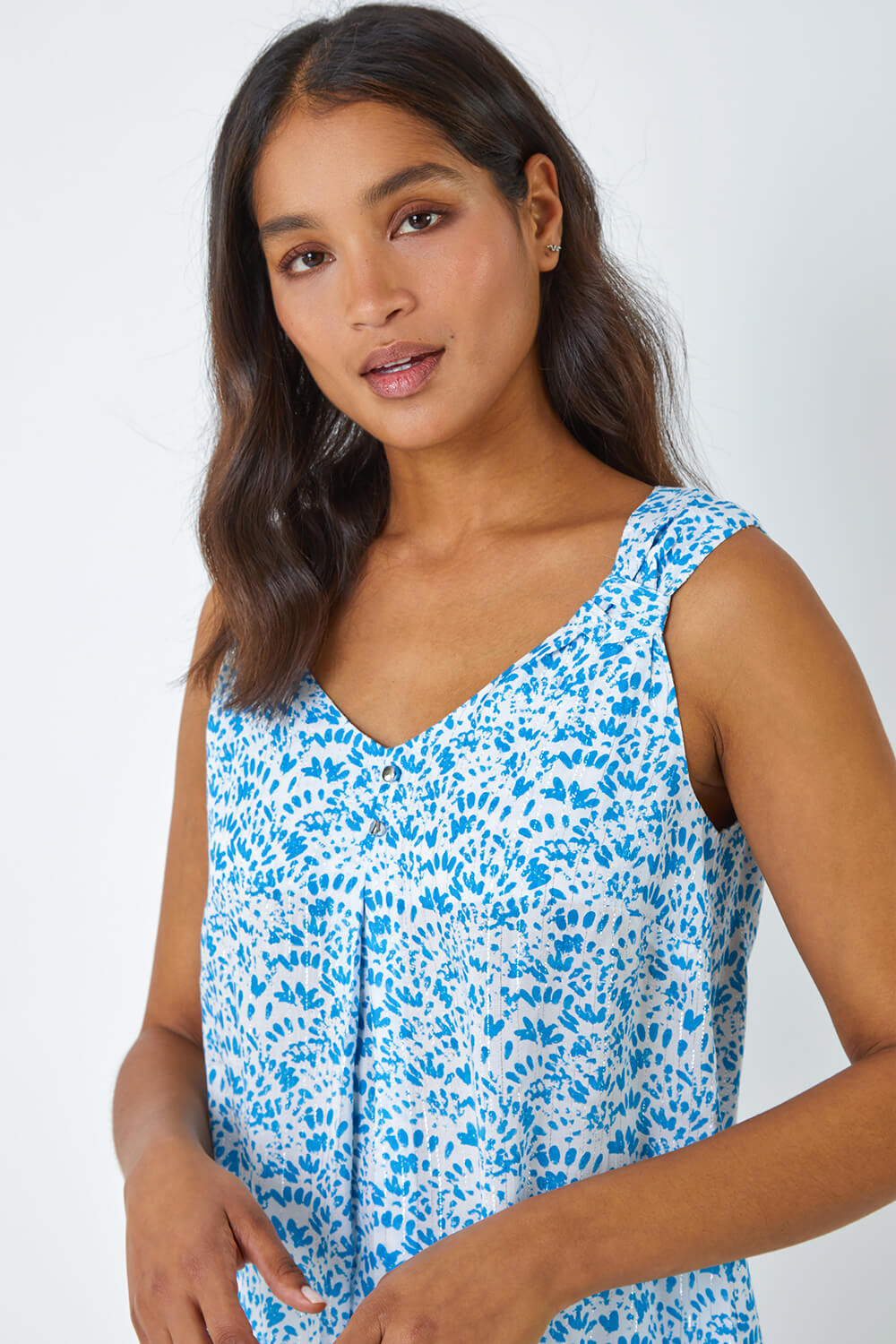 Blue Ditsy Print Pleat Front Cami Top, Image 4 of 5