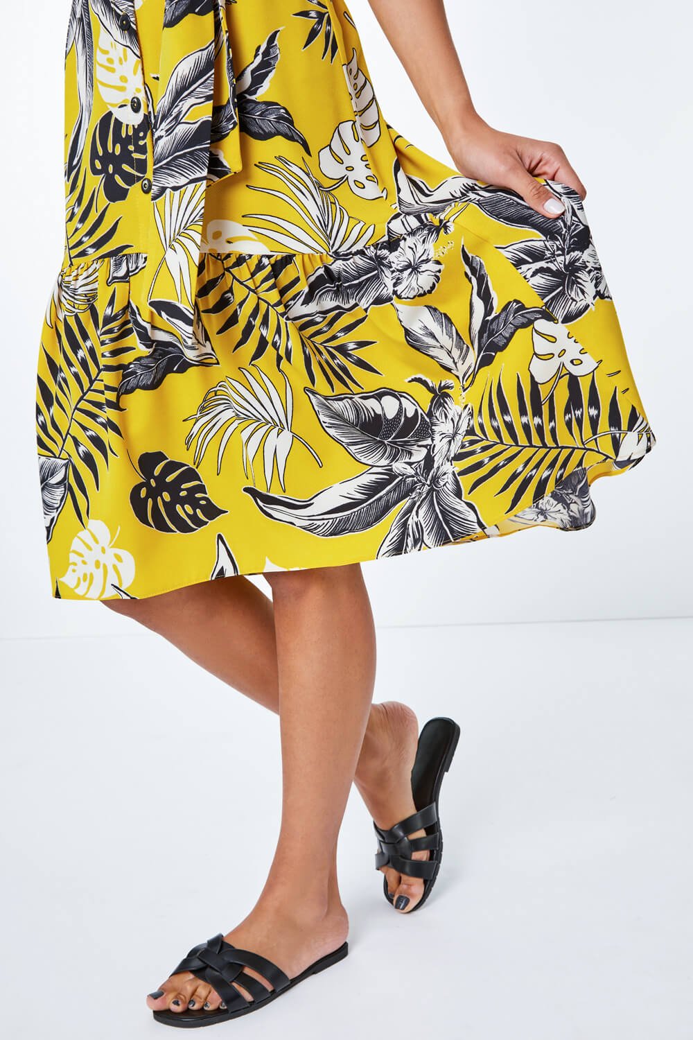 Yellow Tropical Print Dipped Hem Dress, Image 5 of 5
