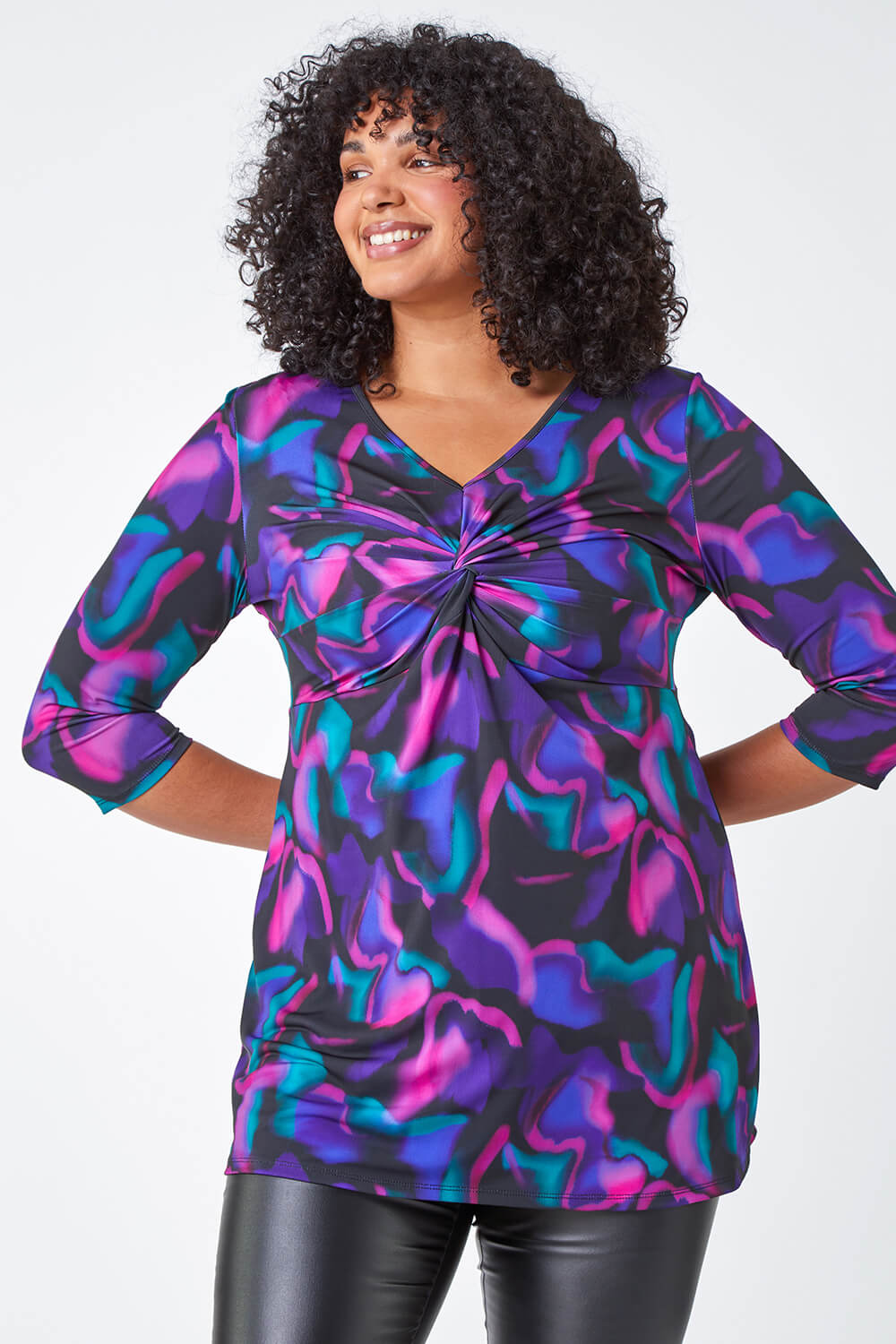 Purple Curve Abstract Twist Front Stretch Top, Image 4 of 7