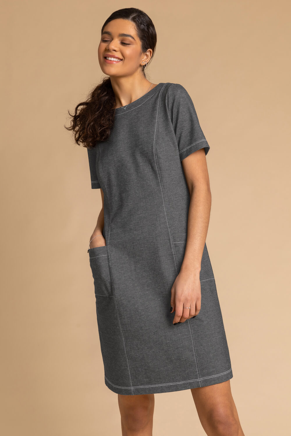 Dark Grey Stretch Denim Pocket Dress, Image 3 of 4
