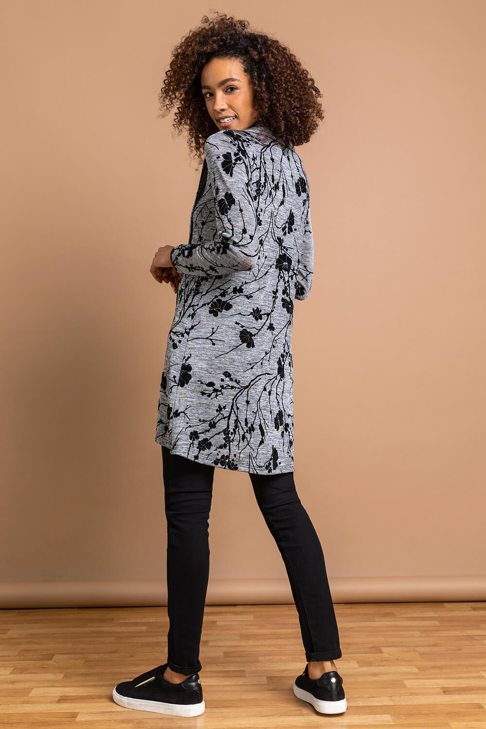 Grey Floral Print Cowl Neck Long Sleeve Tunic Top , Image 2 of 4