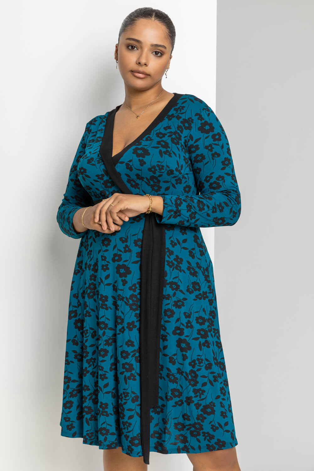 Curve Floral Contrast Print Wrap Dress in Petrol Blue - Roman Originals UK
