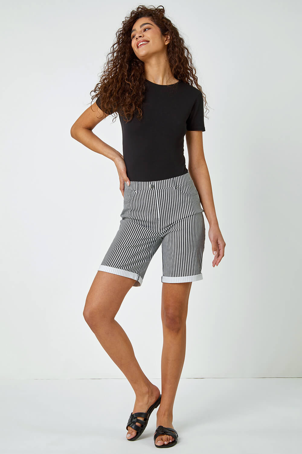 Black Turn Up Stripe Stretch Shorts, Image 2 of 5