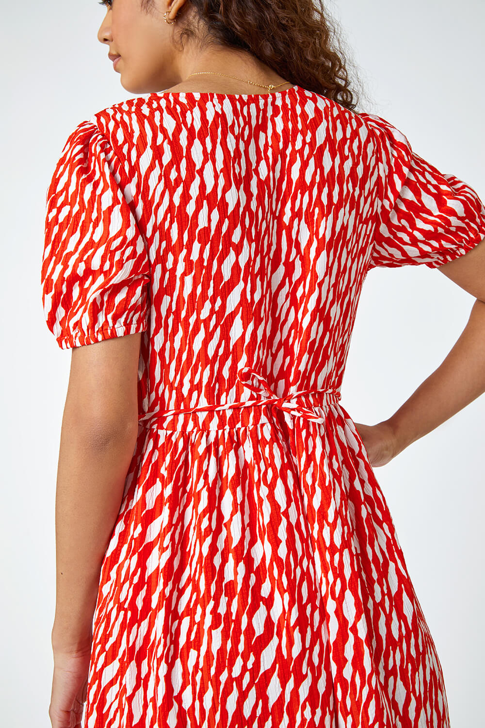 Red Abstract Frill Hem Midi Dress, Image 5 of 5
