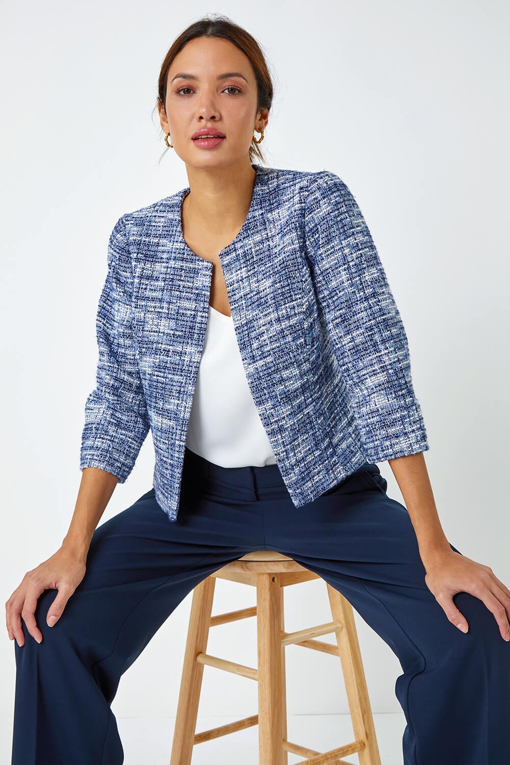 Collarless Cropped Boucle Jacket