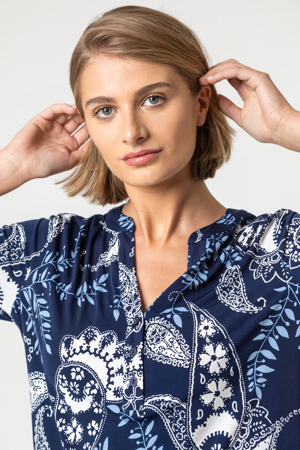 Blue Paisley Puff Print Notch Neck Top, Image 4 of 4