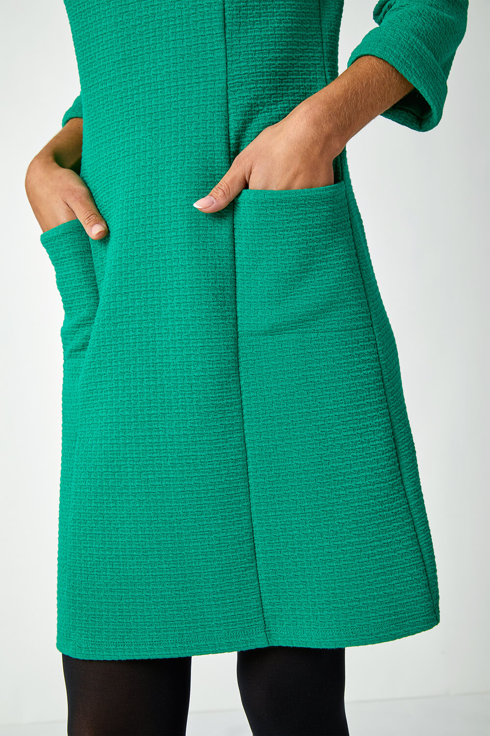 Green Textured Pocket Cotton Blend Shift Dress, Image 5 of 5