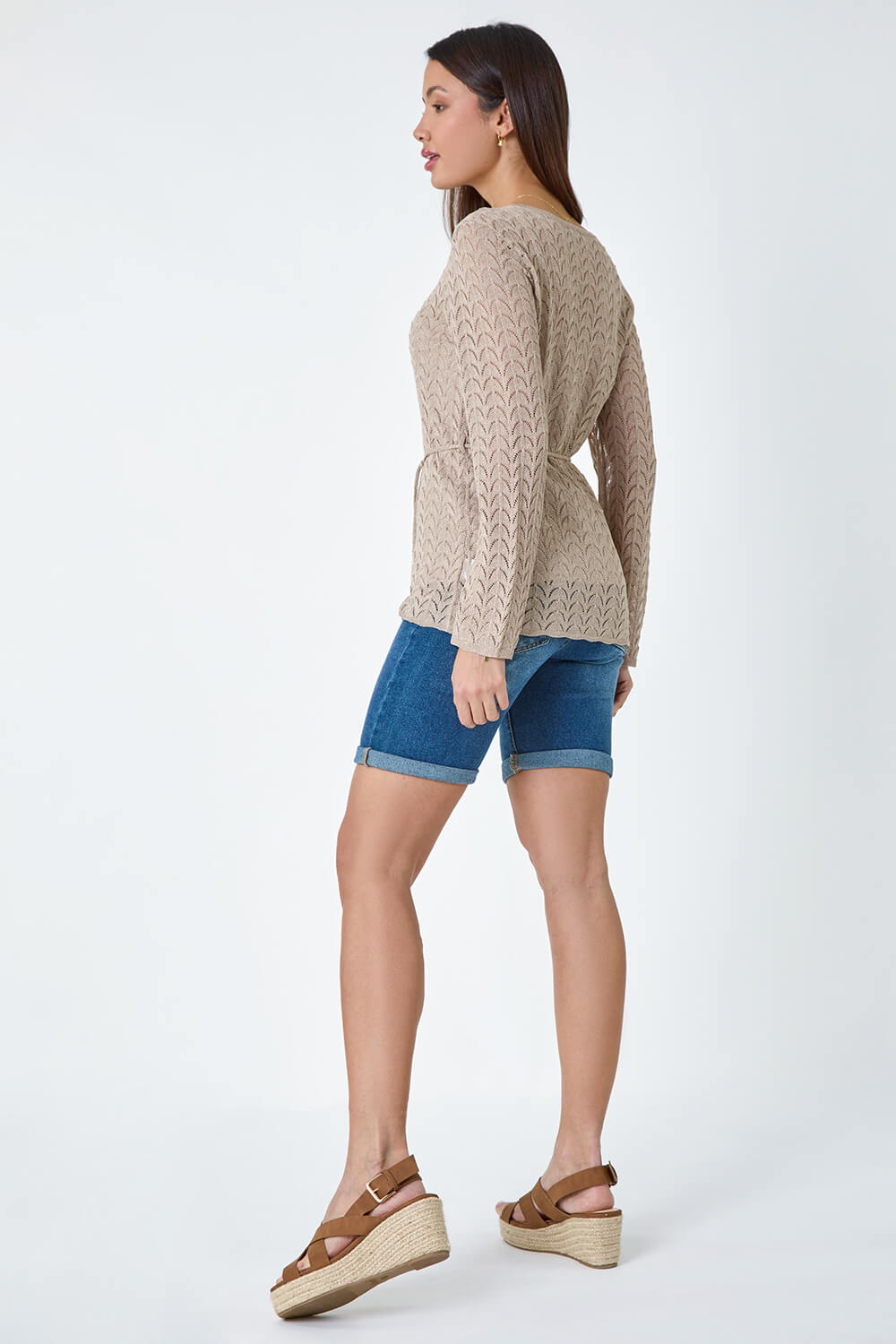 Natural  Pointelle Tassel Detail Knit Top, Image 3 of 5