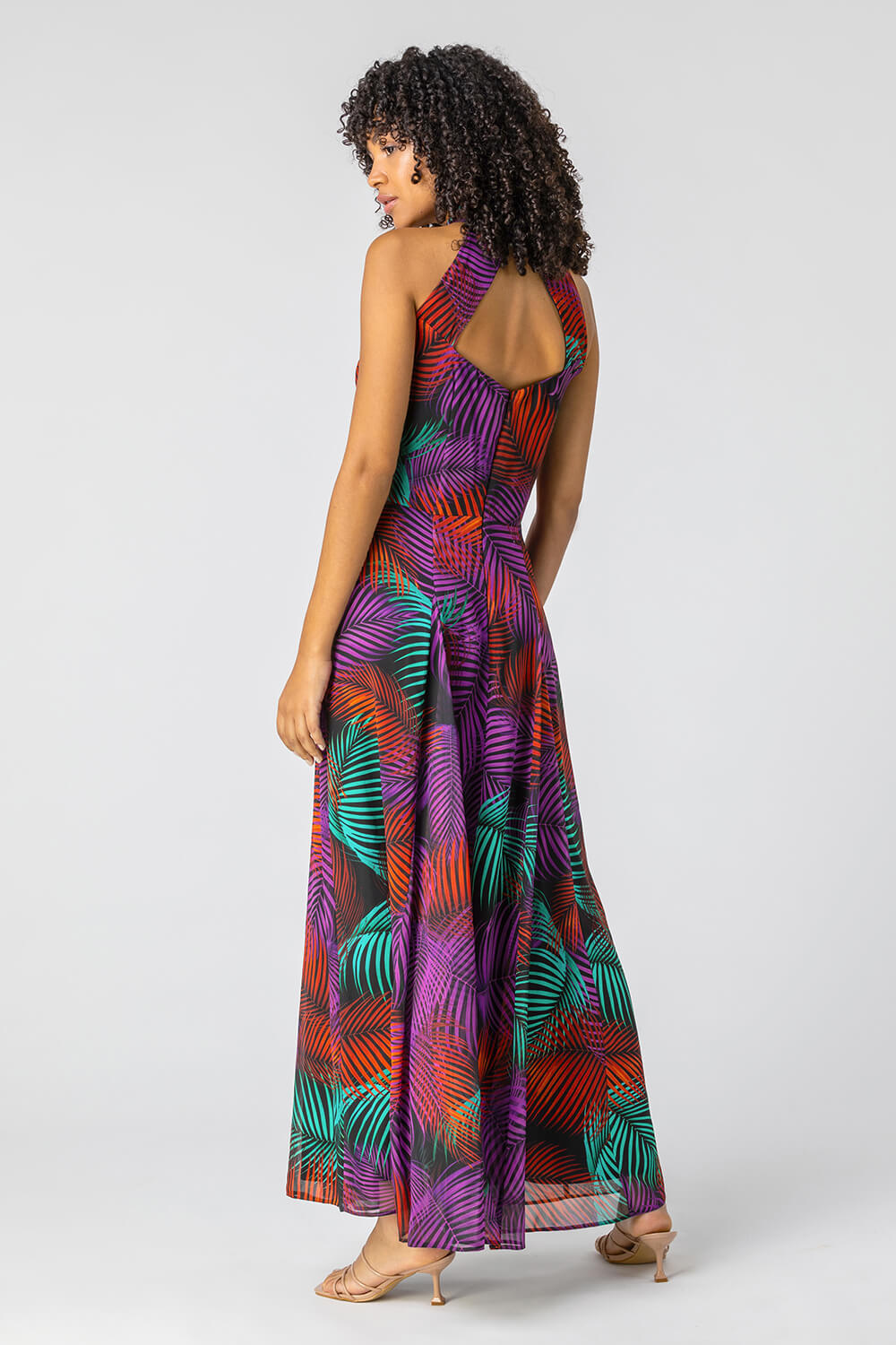 Purple Tropical Print Halter Neck Maxi Dress, Image 2 of 4